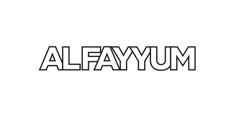 Al Fayyum in the Egypt emblem. The design features a geometric style, vector illustration with bold typography in a modern font. The graphic slogan lettering.