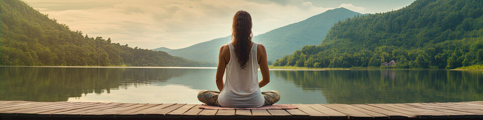 Young woman from rear side meditating by the lake in summer sunnset. Practicing mindfulness and meditation in a peaceful nature. - obrazy, fototapety, plakaty