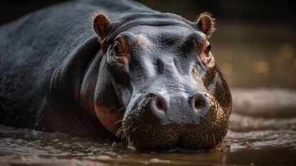 Hippopotamus (Hippopotamus amphibius) in the water. Wildlife Concept. Wilderness.
