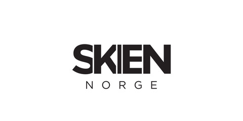 Skien in the Norway emblem. The design features a geometric style, vector illustration with bold typography in a modern font. The graphic slogan lettering.
