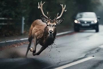 Be aware of deer crossing the road. Caution, wild animals. Ai Generative © ArtmediaworX