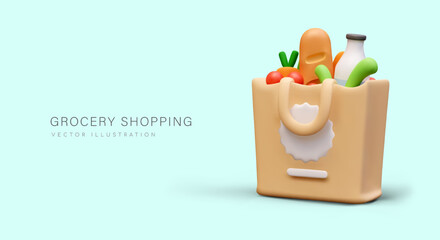Poster with bag full of food, place for text, and blue background. Concept of grocery shopping. Online and offline food orders. Vector illustration in 3D style