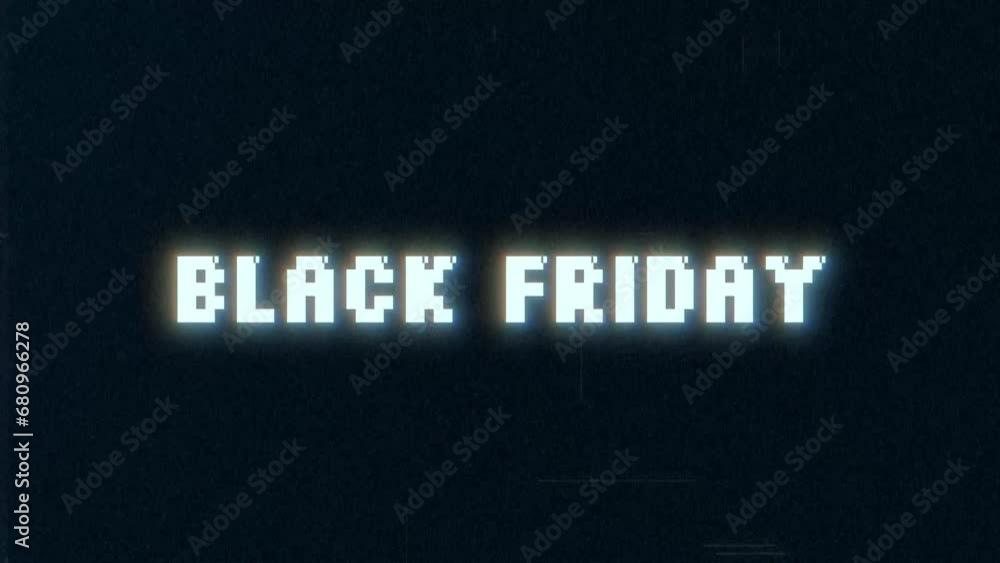 Poster black friday pixel banner with vhs glitch effect. web 8 bit banner for black friday with retro tv di