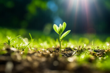 Small plant sprouts from the ground in the sunlight.