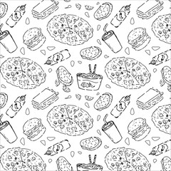 fast food seamless background with pizza and beef