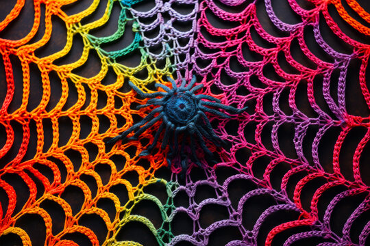 Rainbow colored crochet pattern with circular object.