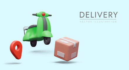 Colorful poster with realistic green scooter, parcel, and red pin. Concept of parcel delivery by eco transport. Vector illustration in 3D style with blue background
