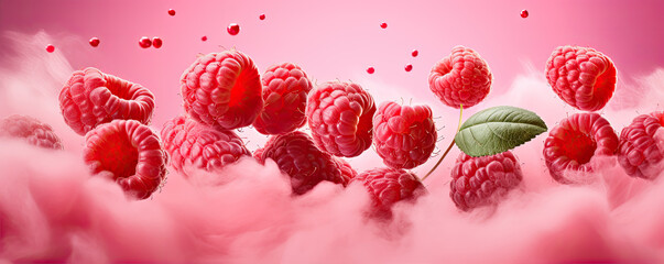 Fototapeta premium Fresh raspberries flying in the air with splashes in red pink color background. Raspberry concept.