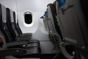 Empty seats on an airplane. Inside the Airplane.