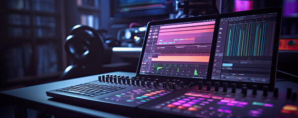 Modern studio control desk. Recording or sound DJ proffesional system. sound equipment for concert. - obrazy, fototapety, plakaty