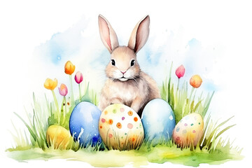 Cute bunny with Easter eggs in watercolor style