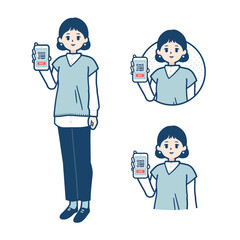 ニットベスト女性がスマートフォンでキャッシュレス決済しているイラスト
