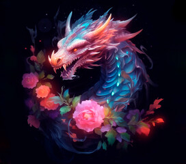 bright colorful watercolor neon dragon with flowers is illuminated by LED lights on a black background. AI generation