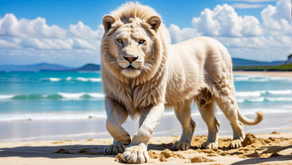 A white lion on the sandy beach.