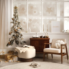 Amazing and cozy christmas living room interior with shelf, boucle armchair, pouf, mock up poster,...