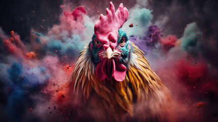 chicken in colorful powder paint explosion, dynamic