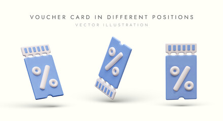 Voucher card in different positions. Tear off coupon with discount. Label with percent sign. Symbol of reduced price, sale. Illustrations for electronic trading, commerce