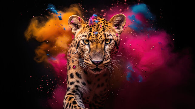 cheetha in colorful powder paint explosion, dynamic