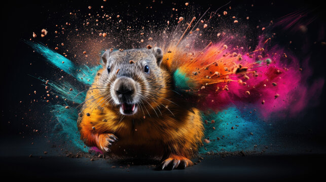 beaver in colorful powder paint explosion, dynamic