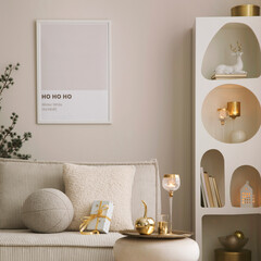 Amazing composition on white design shelf with mock up poster frame, christmas decoration, lights,...