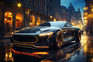 luxury new concept car on road in the city at night