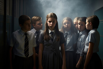 Peer pressure. Picture of depressed teenager being bullied by friends.