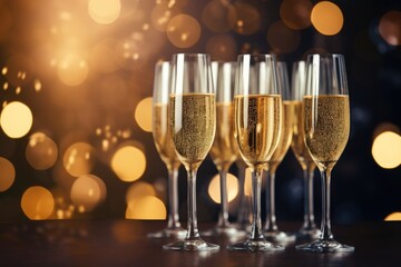 Glasses of champagne or sparkling wine at New Year party. Happy new year concept. Generative AI