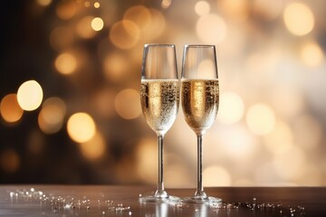 Glasses of champagne at New Year party. Celebration toast. New Year's cards. AI generative.