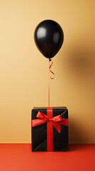 One black balloon and one little gift box tied with a ribbon