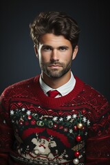 Handsome man in ugly Christmas sweater, confident look