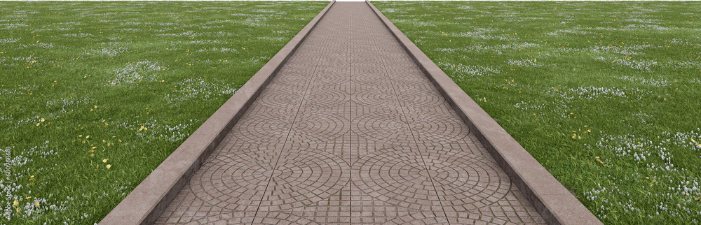 Fototapete meadow with concrete path walk. 3d rendering of isolated objects.