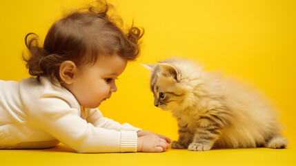 Baby Engaged with Kitten, Shared Curiosity, Bright Yellow