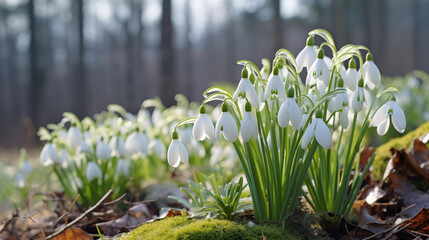 Snowdrops in the forest.