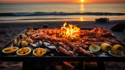 Sunset Beach side Barbecue Featuring Grilled Seafood and Corn on the Cob