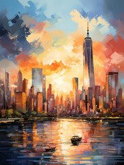 A Painting Of A City With A Boat In The Water - Panorama of manhattan new york usa