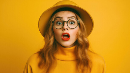 Beautiful middle age senior woman wearing elegant yellow coat and hat over isolated yellow background amazed and surprised looking up and mouth with fingers and raised arms with. - Powered by Adobe