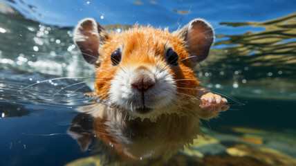 Close-up of a hamster swimming in the water