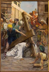  TREVISO, ITALY - NOVEMBER 8, 2023: The painting  Jesus fall under the cross as part of Cross way stations in the church La Cattedrale di San Pietro Apostolo by Alessandro Pomi (1947). © Renáta Sedmáková