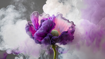 Dym, abstrakcyjny fioletowy kwiat maku, tło kwiatowe. Generated AI