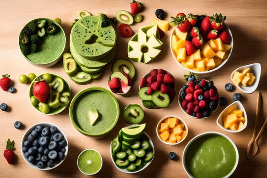 Design a tree-shaped stack of green smoothie bowls, with assorted fruit toppings as decorations