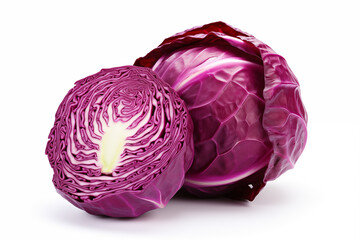 Red cabbage and cut piece of red cabbage on white background. - obrazy, fototapety, plakaty