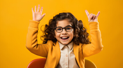 Enthusiastic Learner, Yellow Background. Eager Student with Raised Hand, Vibrant Yellow Setting.