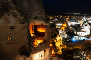 Top view of the night cityscape of the city called Goreme in Cappadocia in Turkey. Beautiful city illumination.