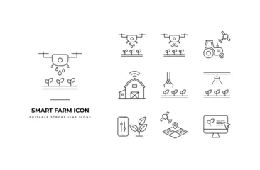 Fotobehang Set of Smart Agriculture Icon Packs. Simple line art and editable stroke icon packs. agriculture, smart, farm, tech, icon, automate, system, drone, monitoring, sensor © Deview Project