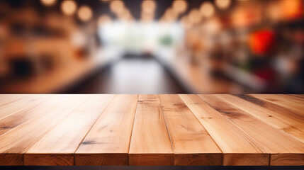 Empty top wooden table with supermarket blur background - obrazy, fototapety, plakaty