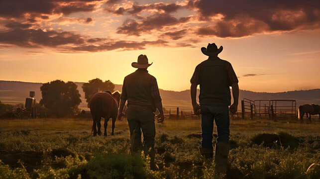 Rearview photography of two adult men wearing hats and walking on a countryside grass field at a sunset with horse grazing near the fence in the background