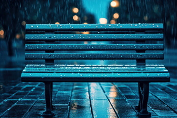 wet bench in the rain at night - obrazy, fototapety, plakaty