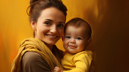Loving Mother with Attentive Baby, Joyful Yellow Backdrop
