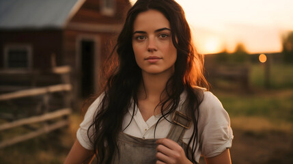 Close up photography of naturally beautiful young girl with black hair wearing white shirt and ranch working clothes on a countryside field, blurred sunset barn in the background