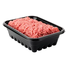 Fotobehang Raw minced meat in a black plastic tray container isolated on transparent or white background, png © Medard